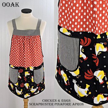 Chicken & Eggs Scrapbuster Pinafore Apron with no ties, relaxed fit smock apron with pockets, OOAK standard size fits L/XL/2X, ready to ship