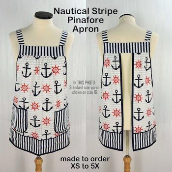 Nautical Stripe Pinafore with no ties (straps go straight over the shoulders), relaxed fit smock apron with pockets, made to order XS - 5X