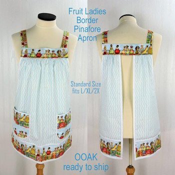 Fruit Ladies Border Pinafore with no ties (straps go straight over shoulders) relaxed fit smock with pockets, humorous beach theme, L/XL/2X