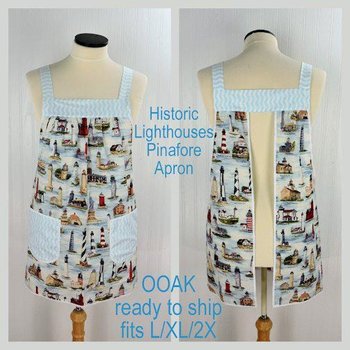 Historic Lighthouses Pinafore Apron with no ties, relaxed fit smock with pockets, coastal nautical beach cover up ready to ship fits L/XL/2X
