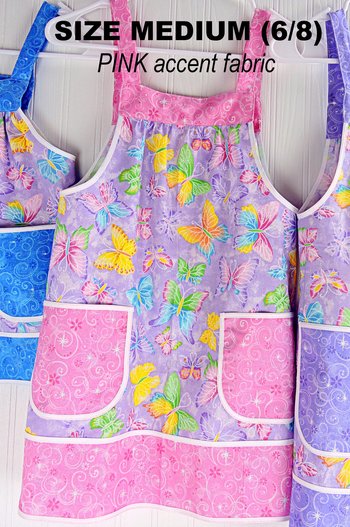 Glitzy Butterflies Children's Pinafore with no ties (straps go straight over the shoulders) relaxed fit smock with pockets, SIZE 6/8, RTS