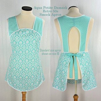 Aqua Petite Damask Retro 50s Smock Apron, relaxed fit "H-back" doesn't touch neck, made to order XS - 4X  w/ pocket options, OOP fabrics