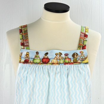 Fruit Ladies Border Pinafore with no ties (straps go straight over shoulders) relaxed fit smock with pockets, humorous beach theme, L/XL/2X