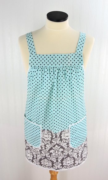 Damask & Dots Scrapbuster Pinafore with no ties (straps go straight over shoulders) relaxed fit smock with pockets, fits L/XL/2X, SHIPS NOW
