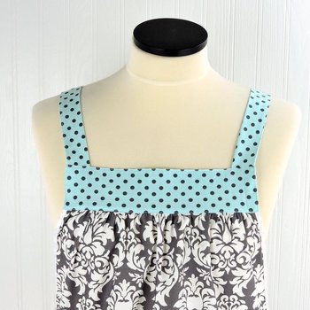 Charcoal Damask Pinafore with no ties (straps go straight over shoulders) relaxed fit smock with pockets, fits L/XL/2X, ready to ship