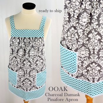 Charcoal Damask Pinafore with no ties (straps go straight over shoulders) relaxed fit smock with pockets, fits L/XL/2X, ready to ship