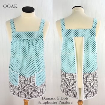 Damask & Dots Scrapbuster Pinafore with no ties (straps go straight over shoulders) relaxed fit smock with pockets, fits L/XL/2X, SHIPS NOW