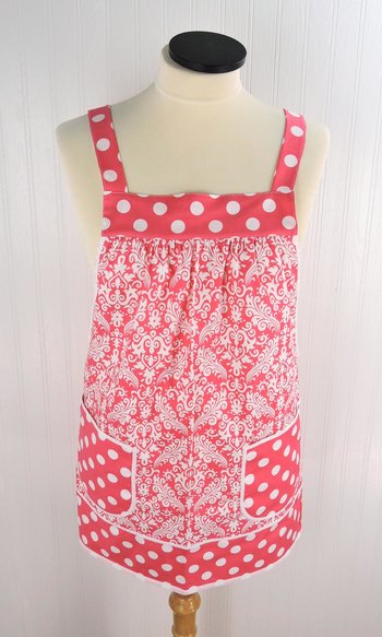 Raspberry Damask Pinafore with no ties (straps go straight over shoulders) relaxed fit smock with pockets, fits L/XL/2X, ready to ship