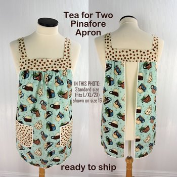 Tea for Two Pinafore with no ties (straps go straight over shoulders) relaxed fit smock with pockets, fits L/XL/2X, ready to ship now