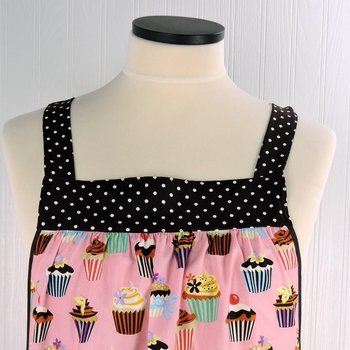 Pink Cupcakes Pinafore with no ties (straps go straight over shoulders) relaxed fit smock with pockets, fits L/XL/2X, ready to ship