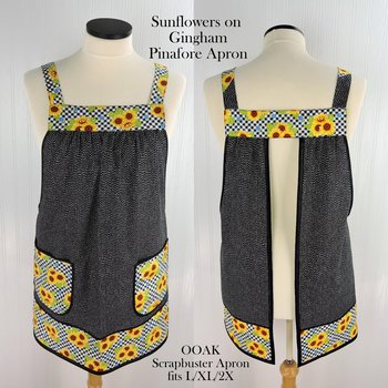 Sunflowers on Gingham Pinafore with no ties (straps go straight over shoulders) relaxed fit smock with pockets, fits L/XL/2X, ready to ship