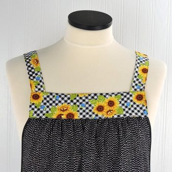 Sunflowers on Gingham Pinafore with no ties (straps go straight over shoulders) relaxed fit smock with pockets, fits L/XL/2X, ready to ship