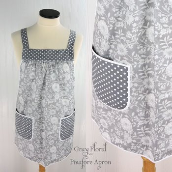 Gray Floral Pinafore with no ties (straps go straight over shoulders) relaxed fit smock with pockets, fits L/XL/2X, ready to ship