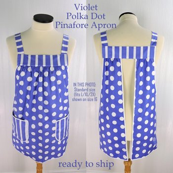 Violet Polka Dot Pinafore with no ties (straps go straight over shoulders) relaxed fit smock with pockets, fits L/XL/2X, ready to ship