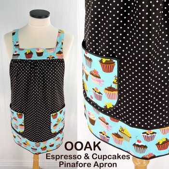 Espresso & Cupcakes Pinafore with no ties (straps go straight over shoulders) relaxed fit smock with pockets, fits L/XL/2X, ready to ship