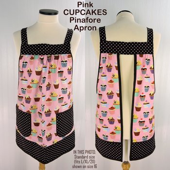 Pink Cupcakes Pinafore with no ties (straps go straight over shoulders) relaxed fit smock with pockets, fits L/XL/2X, ready to ship