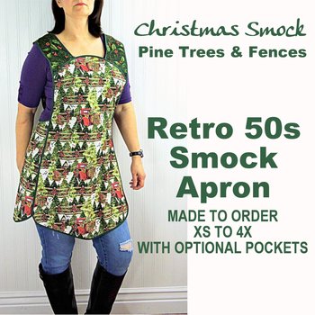 XS-4X Retro 50s Christmas Smock, Pine Trees and Fences with old Red Trucks, relaxed fit H-back apron, made to order with pocket options