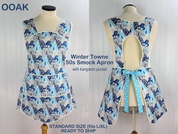 Winter Towne 50s Smock Apron with kangaroo pocket, relaxed fit with no neck ties (H-back apron) fits sizes large or X-large, ready to ship