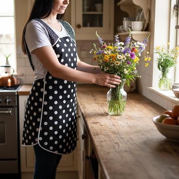 Black and White Polka Dot Retro 50s Smock Apron, relaxed fit "H-back" doesn't touch neck, made to order from XS to 4X  with pocket options