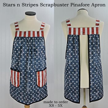 Stars and Stripes Scrapbuster Pinafore with no ties (straps go straight over the shoulders) patriotic flag smock apron with pockets, XS - 5X