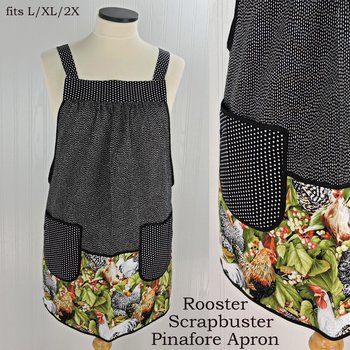 Roosters SCRAPBUSTER Pinafore Apron with no ties, relaxed fit smock with pockets, farmhouse kitchen apron, ready to ship, fits L/XL/2X