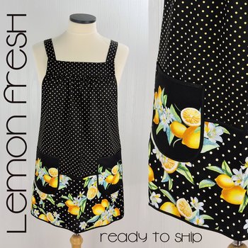 Lemon Fresh Scrapbuster Pinafore Apron with no ties (straps go straight over the shoulders) relaxed fit smock fits L/XL/2X, ready to ship