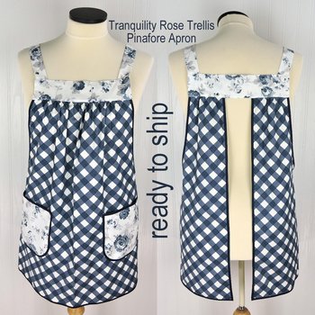 Tranquility Rose Trellis Pinafore with no ties (straps go straight over the shoulders) blue & white smock with pockets ready to ship L/XL/2X