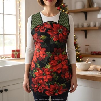 XS-4X Retro 50s Christmas Smock, Large Poinsettias on Black relaxed fit H-back apron (optional) pockets, over the head apron with waist ties