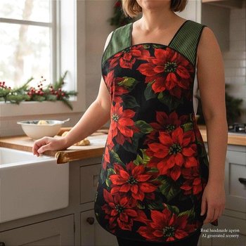 Retro 50s Christmas Smock, Large Poinsettias on Black relaxed fit H-back apron, 1st sample available (fits L/XL) SHIPS FAST