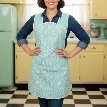 Aqua Petite Damask Retro 50s Smock Apron, relaxed fit "H-back" doesn't touch neck, no pockets, LAST ONE is ready to ship (fits L/XL)