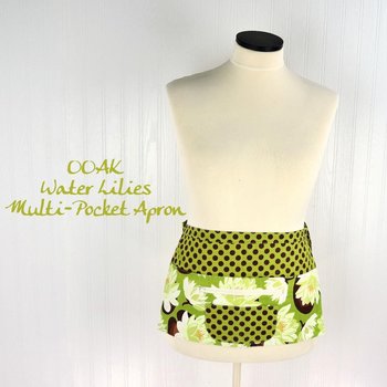 OOAK Water Lilies Multi-Pocket Apron with money pocket for vendors, servers, event planners; SHIPS FAST teacher gift fits waists up to 40"