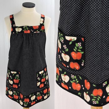 OOAK Apples and Pindots Pinafore with no ties (straps go straight over the shoulders), relaxed fit smock with pockets L/XL/2X, ships now