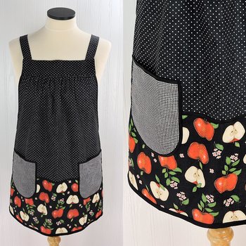 OOAK Apple Scrapbuster Pinafore with no ties (straps go straight over the shoulders) relaxed fit smock with pockets L/XL/2X ships now