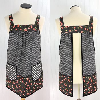 OOAK Midnight Cherries Pinafore with no ties (straps go straight over the shoulders) relaxed fit smock with pockets, L/XL/2X ships now