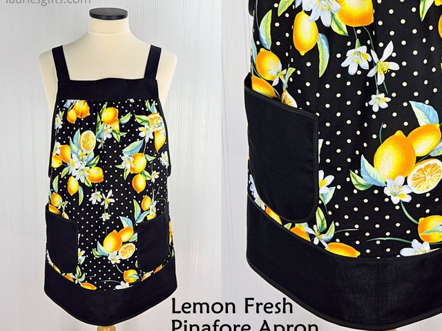 Lemon Fresh Pinafore Apron with no ties, relaxed fit smock apron made to order XS to 5X, spring & summer retro apron, colorful citrus apron