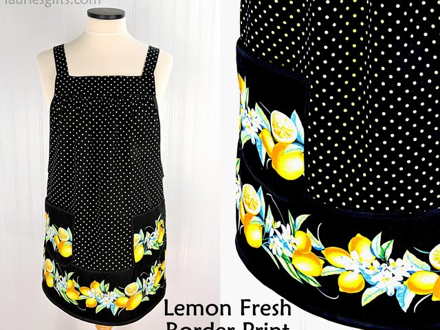 Lemon Fresh (Border Print) Pinafore Apron with no ties, relaxed fit smock apron made to order XS to 5X, spring & summer retro citrus apron
