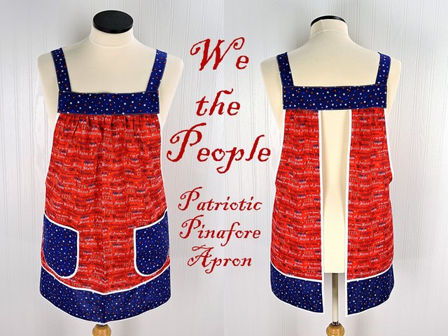 Patriotic red, white, & blue handmade apron for sale, pinafore style has no ties and just slips over the head