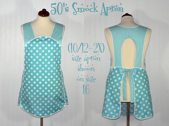Aqua Polka Dot 50s Smock Apron with no neck ties (H-back style sits on shoulders) XS to 4X with pocket options
