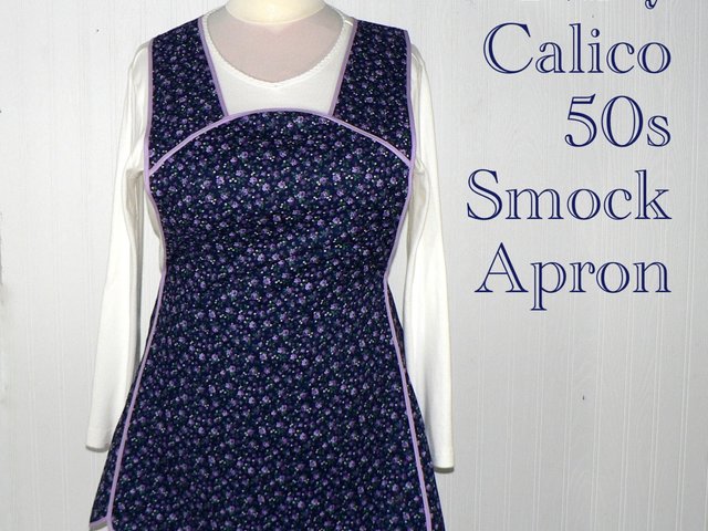 Navy Calico 50s Smock Apron, vintage-style all day work apron, "h-back" doesn't touch neck, made-to-order XS to 4X