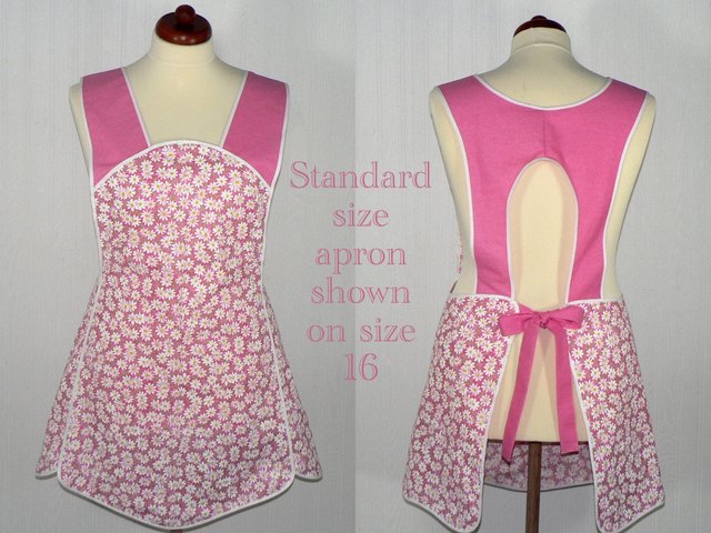 Retro 50s Smock (Daisies and Pin-dots in Pink) hostess apron, H-back style doesn't touch neck, XS - 5X
