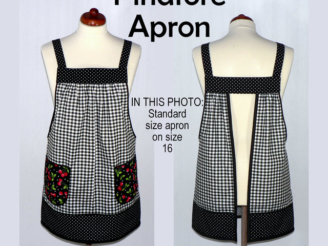 Cherries and Black Gingham Pinafore with no ties (XS to 5X) relaxed fit smock with pockets, retro farmhouse apron