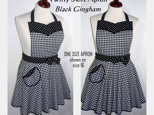 Black Gingham Twirly Skirt Apron, retro 50s circle skirt apron + sweetheart neckline, flirty kitchen apron with pocket, made to order