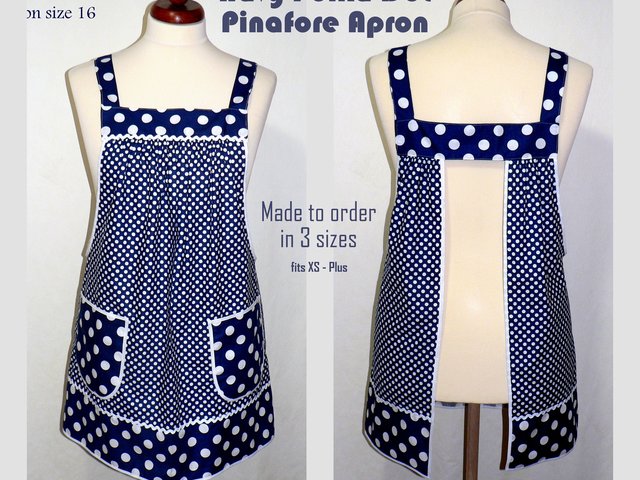 Navy Polka Dot Pinafore Apron with no ties, Relaxed Fit Farmhouse Smock with pockets, made-to-order XS to 5X