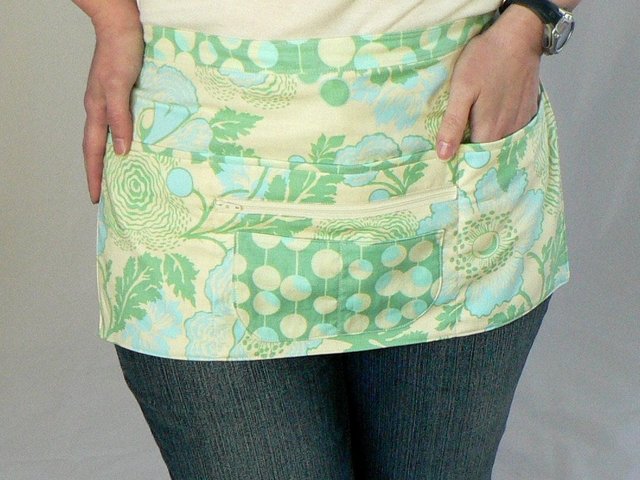 Multi-Pocket Apron with zipper money pocket for waitress, teachers, massage therapists, OOP Amy Butler Green Poppies 2 sizes made-to-order
