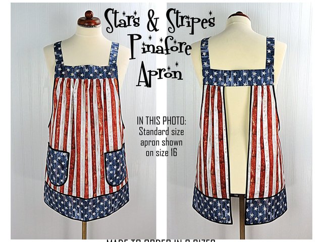 Stars and Stripes Pinafore Apron with no ties, patriotic flag smock apron with pockets made-to-order XS to 5X