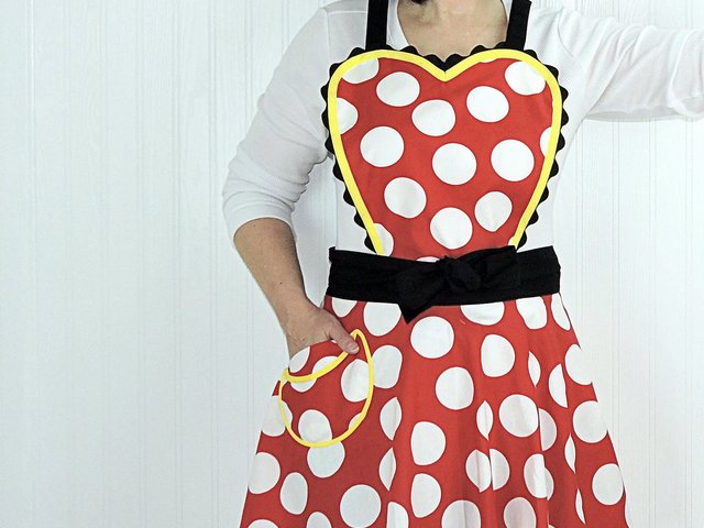 SHIPS FAST - Red Polka Dot Twirly Skirt Apron with heart-shaped bib, flirty kitchen apron, delightful cosplay apron- ready to ship