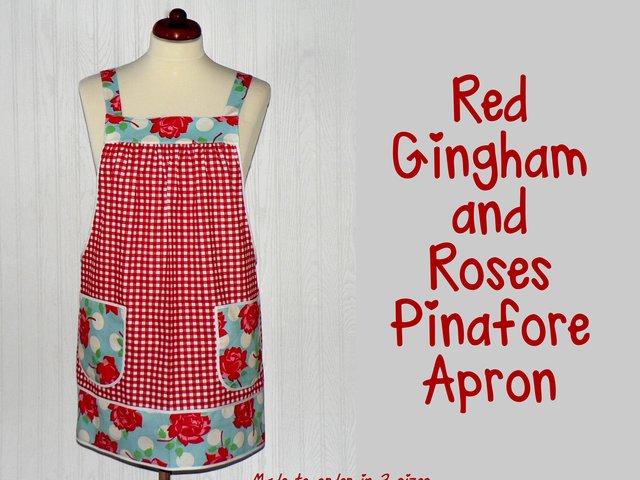 Red Gingham and Roses Pinafore with no ties, relaxed fit smock with pockets, retro floral kitchen apron XS to 5X