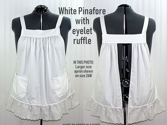 XS to 5X White Pinafore Apron with eyelet ruffle, relaxed fit smock with pockets, cosplay apron handmade after order