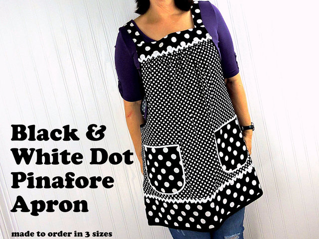Black and White Dot Pinafore with no ties, relaxed fit smock with pockets, lovely hostess apron made to order XS - 5X