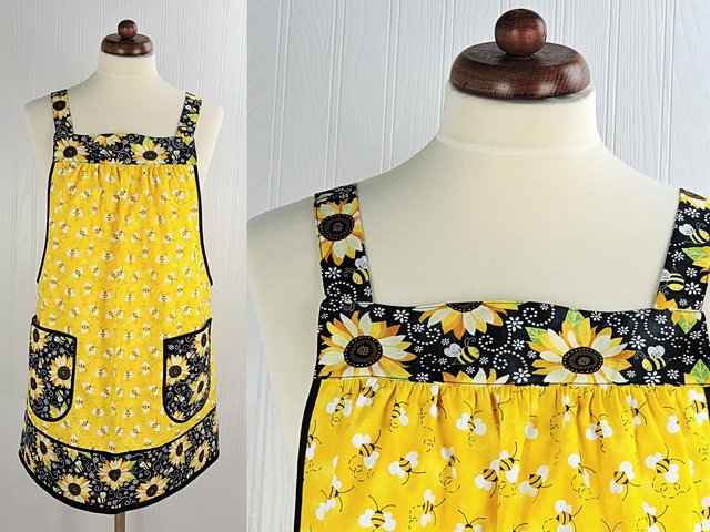 Charming Bees & Sunflowers Pinafore with no ties, relaxed fit smock with pockets, sunny yellow kitchen apron  XS - 5X